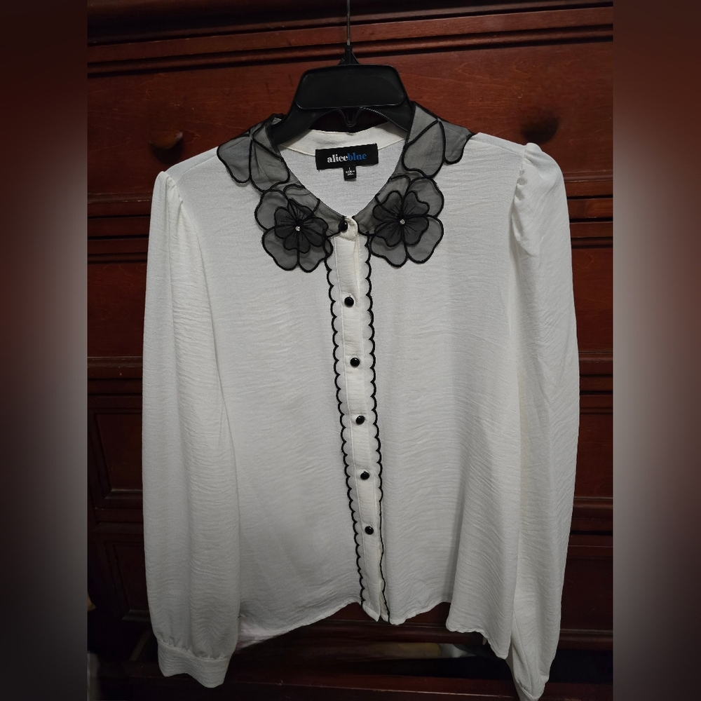 Alice Blue White Blouse with Black Floral Details